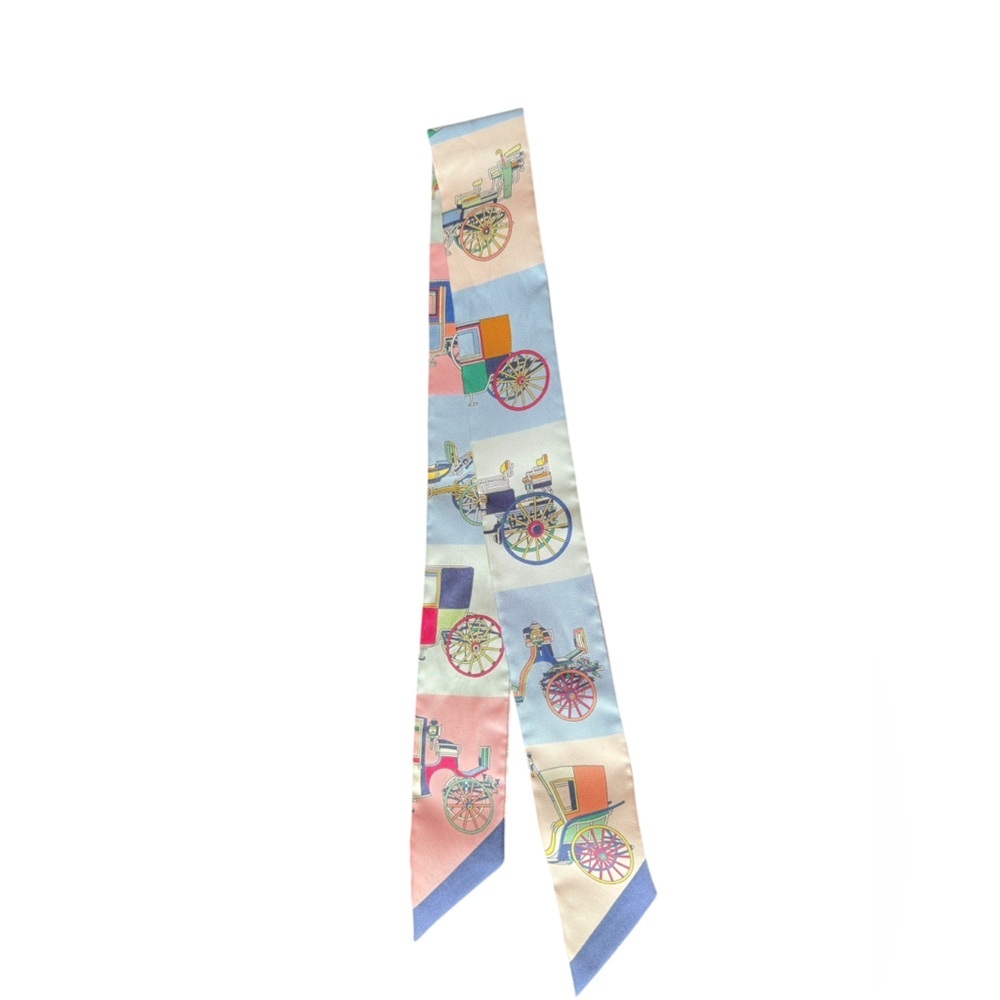 Hermès Twilly “Carriage Motif” – Pastel Block Print – 100% Silk – Authentic